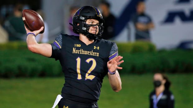 Sep 3, 2021; Evanston, Illinois, USA; Northwestern Wildcats quarterback Ryan Hilinski (12) passes the ball during warmups before the game against the Michigan State Spartans at Ryan Field. Mandatory Credit: Jon Durr-USA TODAY Sports